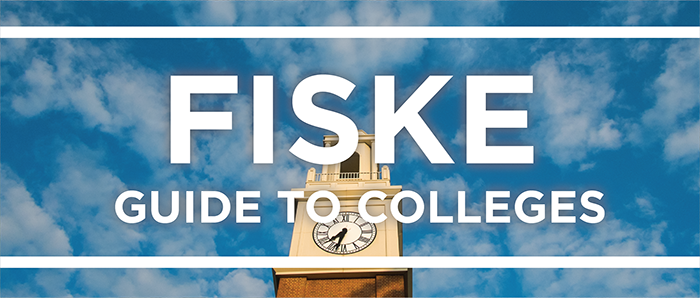 White text reads '16 Fiske Guide to Colleges overlaying a photo of the blue sky and Pulley Bell Tower