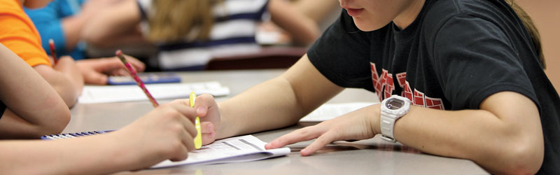 Two students work together on a class worksheet