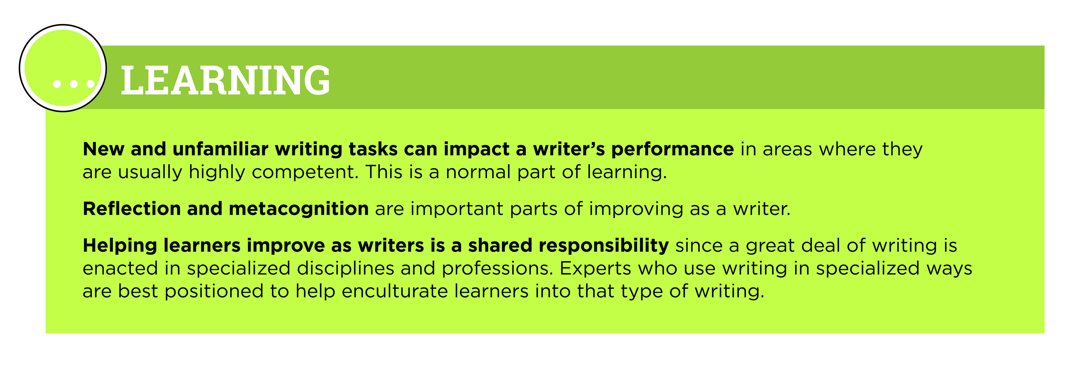 New and unfamiliar writing tasks can impact a writer's performance in areas where they are usually highly competent. This is a normal part of learning. Reflection and metacognition are important parts of improving as a writer. Helping learners improve as writers is a shared responsibility since a great deal of writing is enacted in specialized disciplines and professions. Experts who use writing in specialized ways are best positioned to help enculturate learners into that type of writing.