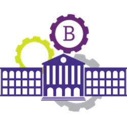 a building with gears above and behind it including a purple one with a B in the middle