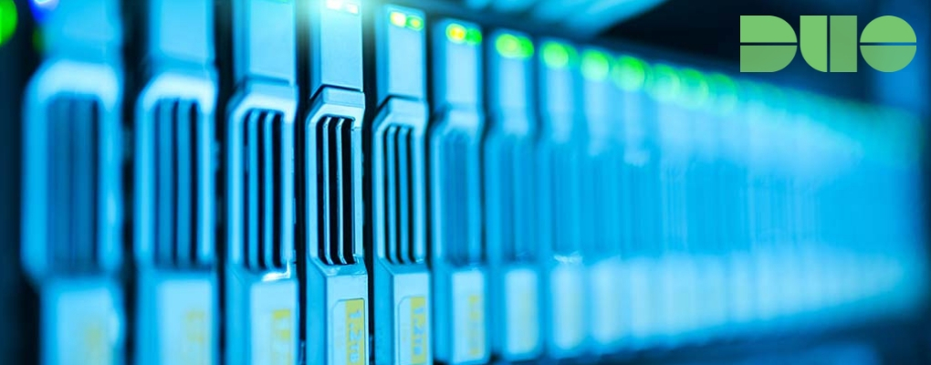 Bright blue data center hardware and the Duo logo in the top right corner