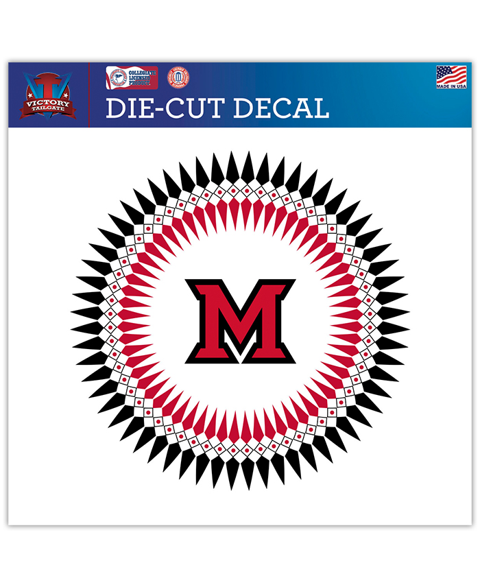 A window decal. A Miami beveled M is encircled by ribbonwork pattern