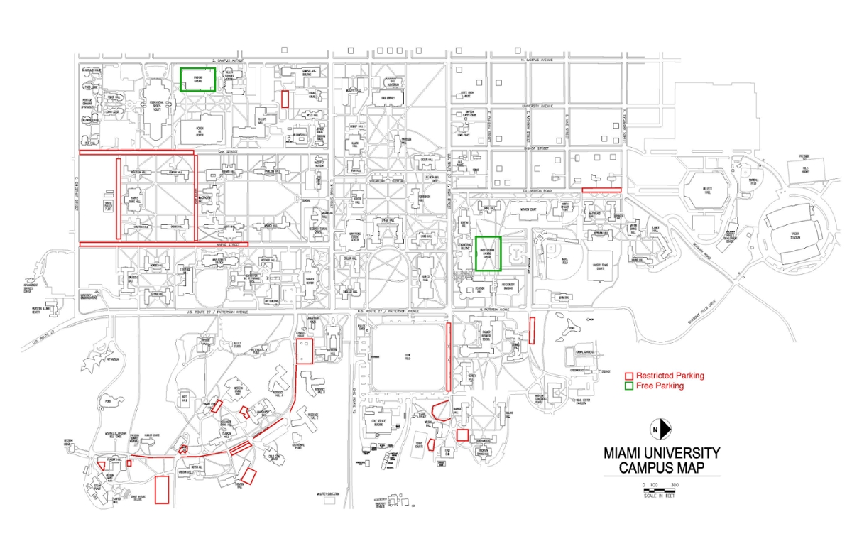 Black and white map of Miami University's campus with free parking and restricted parking highlighted in green and red respectiviely 