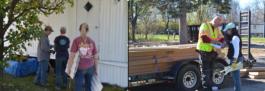 Rod Northcutt (in vest) and his service learning sculpture classes helped lead a winterization project at the Miami Mobile Home Park in November. They installed vinyl skirting, an important factor in weatherizing, to the mobile homes (park photos by Jessica Dusing). 