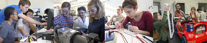Collage of 4 photos of engineering students working together