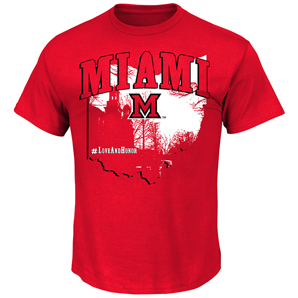Red shirt with Miami written in red over top a graphic of the state of Ohio