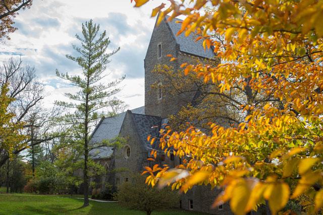 Kumler Chapel is a beautiful Romanesque church built of stone with a warm wood interior and stunning arches, it has a wonderful array of stained glass windows.
