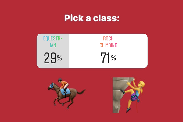 Pick a class: Equestrian 29%, Rock climbing 71%