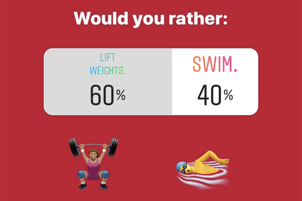 Would you rather: Lift weights 60%, Swim 40%