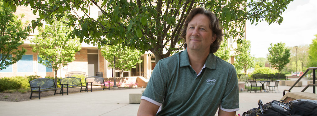 Professor Dave Sobecki enjoys time on the plaza at Miami Hamilton