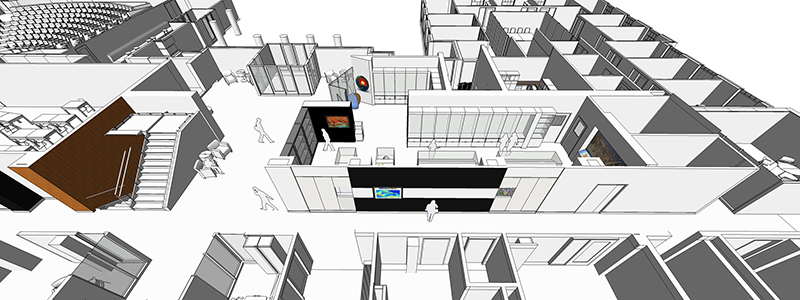 artist's rendition of south-facing, oblique overhead view of classrooms, labs, and offices on Shideler’s first floor