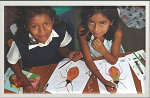 Children color images of kissing disease bug