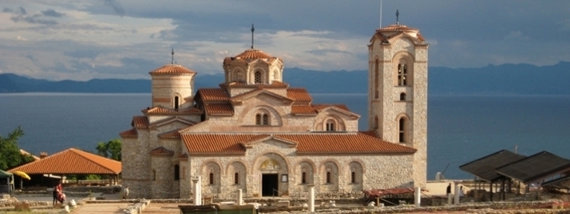 An ornate Macedonian building on the coast