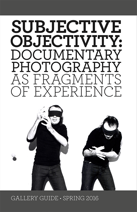 Blindfolded figures pose in all-black beneath text 'Subjective Objectivity: Documentary Photography as Fragments of Experience