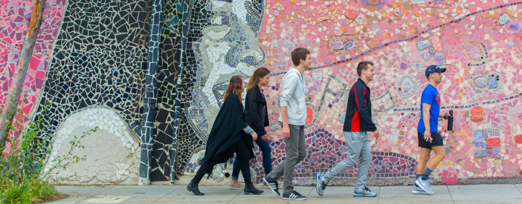 Students walk down the street in san francisco