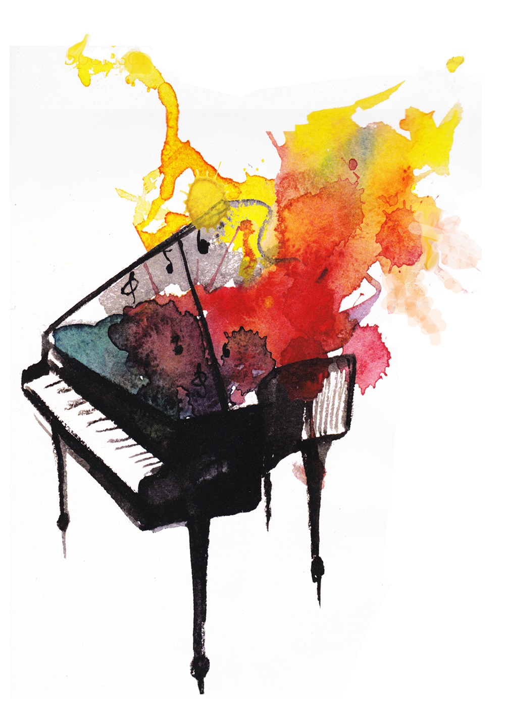 A watercolor piano with colorful 'sound' splashing from it