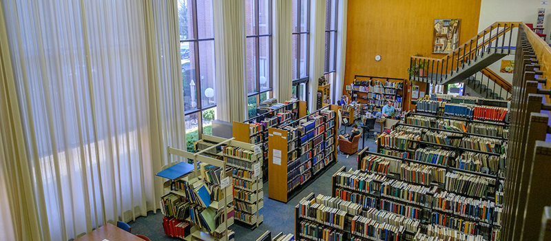 Interior view of Amos Music Library, taken from 2nd floor