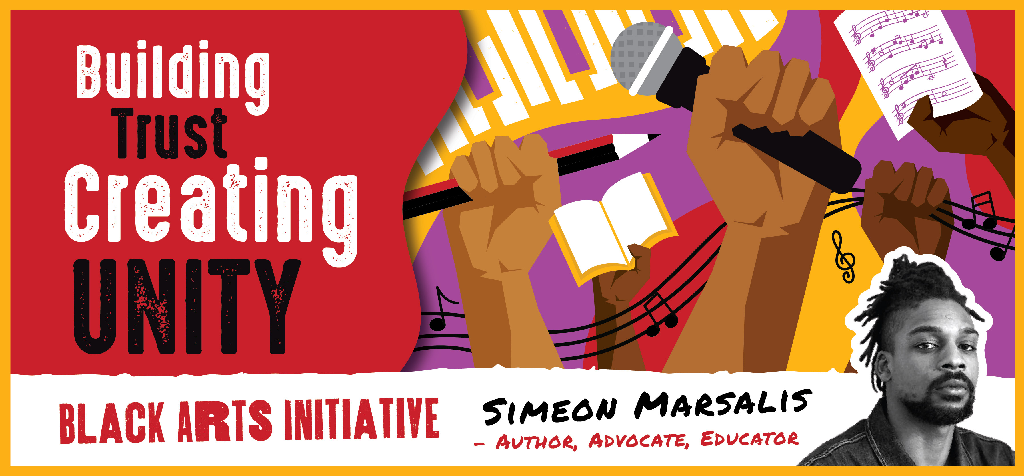 Purple and Gold graphic with three hands holding a book a pencil and a microphone