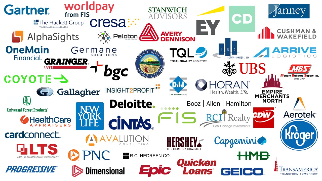 Recent job placement logos: Aerotek, Alpha Sights, Arrive Logistics, Arthur J. Gallagher, Avalution Consulting, Avery Dennison, BGC/GFI, Booz Allen Hamilton, Capgemini Consulting,  Card Connect, Carson Doyle Creative Agency, Ltd., CDW , Cintas, Coyote Logistics, Cresa Boston, Cushman and Wakefield, David J Joseph, Deloitte, Dimensional Fund Advisors, Empire Merchants North, Epic Systems, Ernst & Young, FIS Global, Gartner Inc., GEICO, Germane Solutions, Healthcare Appraisers, HMB Consulting, Horan and Associates, Insight 2 Profit, IRG Realty Advisors, Janney Montgomery Scott, Kroger, LTS, Modern Builders Supply, New York Life, Ohio House of Representatives, One Man Financial, Peloton Group, PNC Financial Services, Progressive Insurance, Quicken Loans - Rocket Mortgage, RC Hedreen Co, RCI Realty LLC, Stanwich Advisors, The Hackett Group, The Hershey Company, Total Quality Logistics, TransAmerica, UBS FInancial Services, Inc., Universal Forest Products, W.W. Grainger, Worldpay.