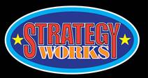 StrategyWorks logo, red and orange letters on a blue oval on black background