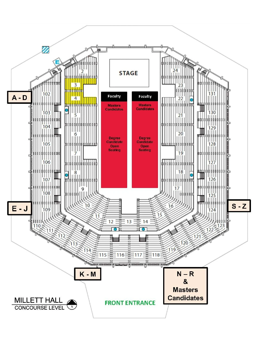 map of millett hall with dedicated seating chart for commencement ceremony