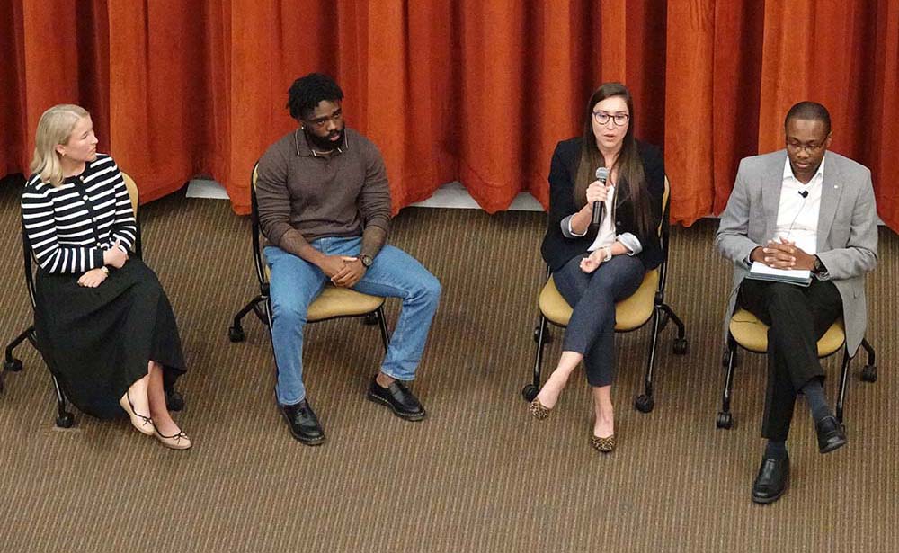 Sarah Armstrong, Andrew Opare, Taryn Fisher, and Joseph Nwankpa in Taylor Auditorium 