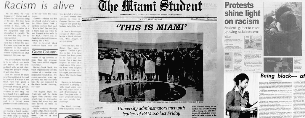 collage of old newspaper clippings from the Miami student that had to do with the topic of race