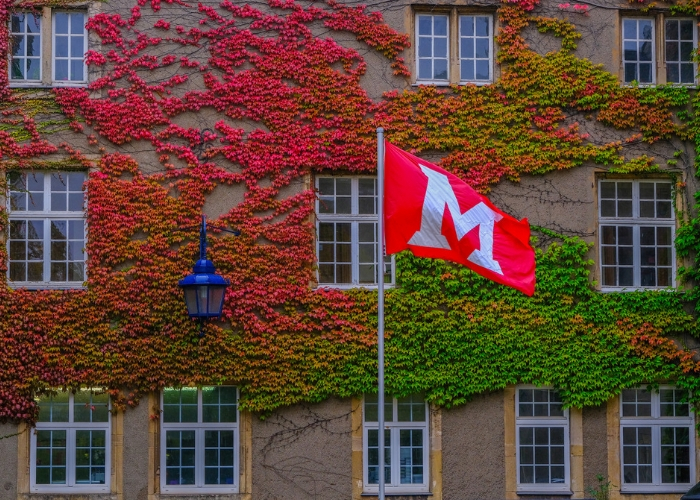 Miami flag blowing in wind in front of Miami chateau in Luxembourg; cannot see the entire castle, just the green and red ivy along the walls of building