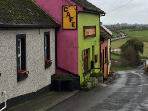 Pink and green houses and shops in ireland