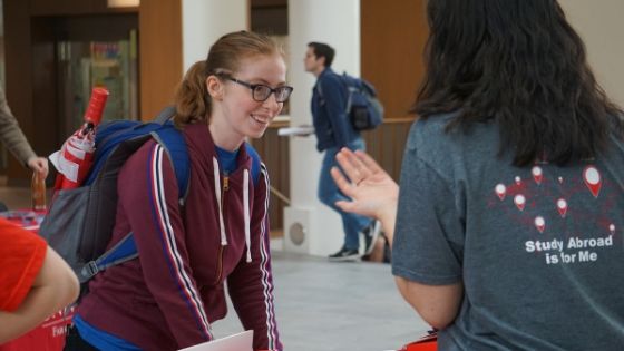 a student talks to an employee at a study abroad fair