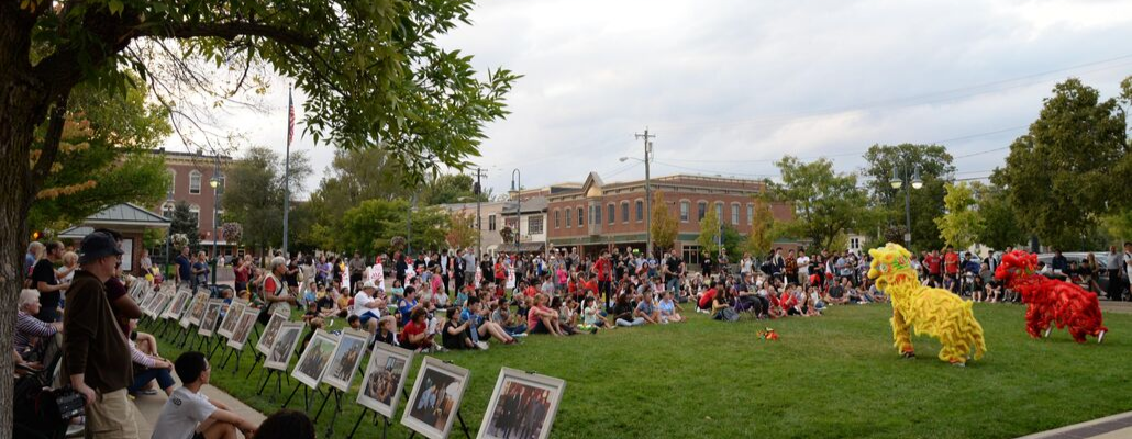 a crowd of people sits on the grass watching a Chinese lion dance