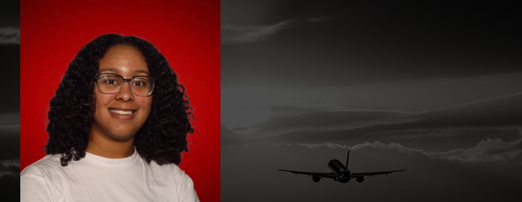 Ashley headshot on red background, black image with airplane flying in sky