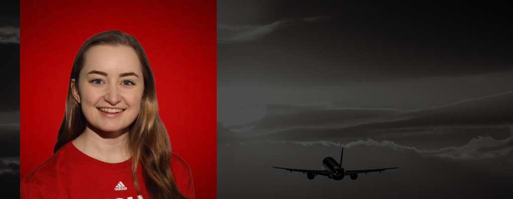 Emily's headshot on red background, black image with airplane flying in sky