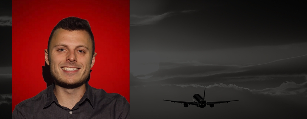 Jake's headshot on red background, black image with airplane flying in sky