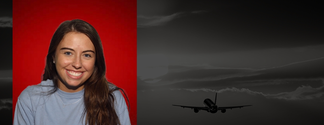 Katie's headshot on red background, black image with airplane flying in sky