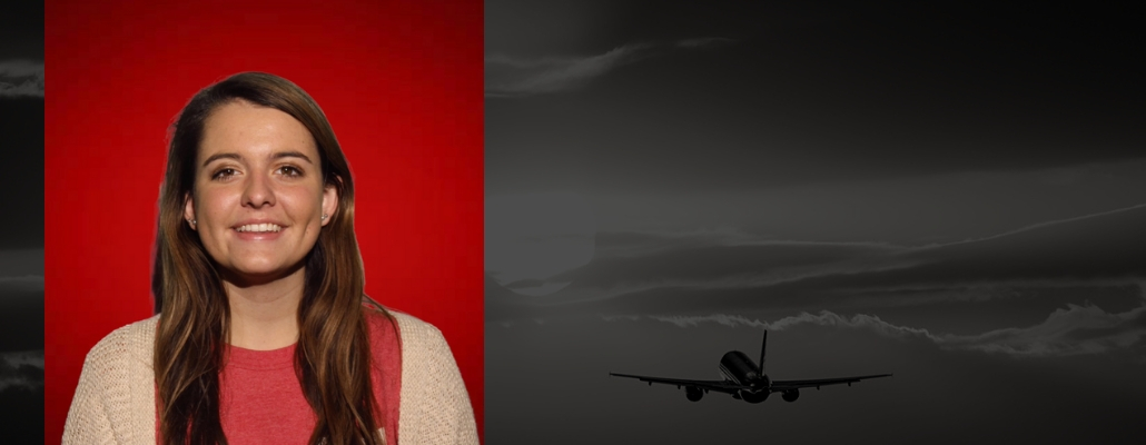 MacKallie's headshot on red background, black image with airplane flying in sky