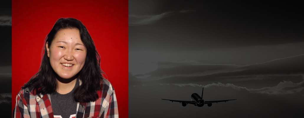 Maya's headshot on red background, black image with airplane flying in sky