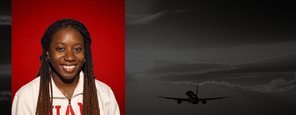 Mona Mae's headshot on red background, black image with airplane flying in sky