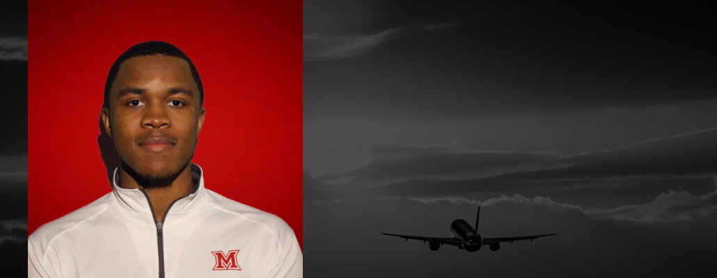 Myles' headshot on red background, black image with airplane flying in sky