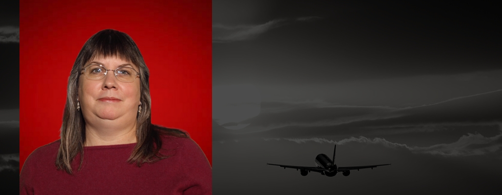 Rebecca's headshot on red background, black image with airplane flying in sky