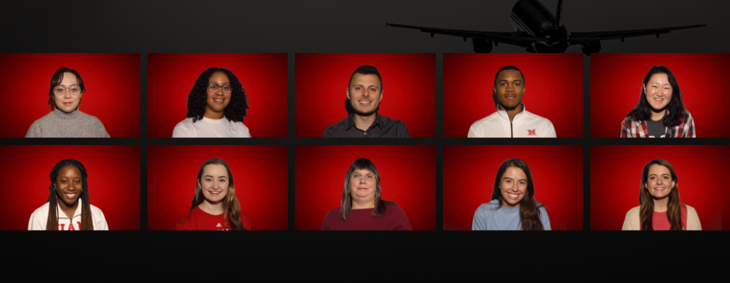 black image with faint airplane on top; grid of 10 student headshots on red background