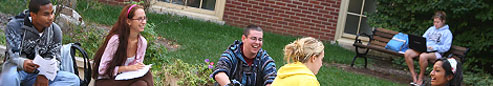 A group of students meeting on the grass 