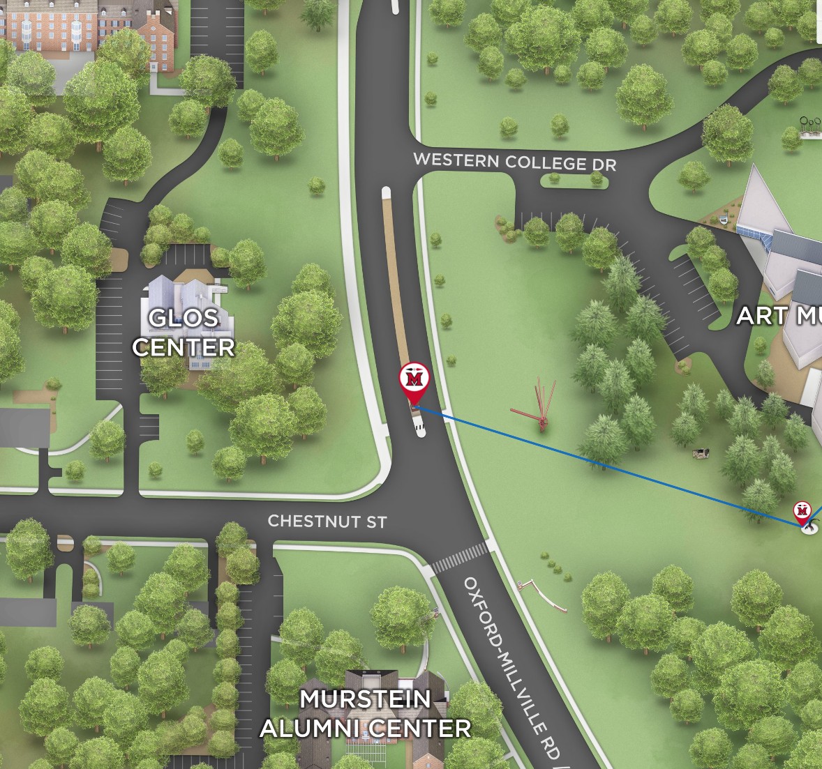 View of the campus map focusing on the Miami University Art Museum entrance, the beginning location of the 