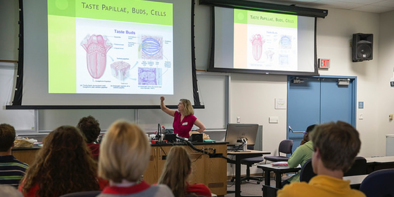 Professor Janet Marshall talking to students about food chemistry.