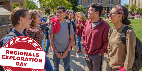 Regional Exploration Day badge. Students talking in a group in the quad on the Hamilton campus.