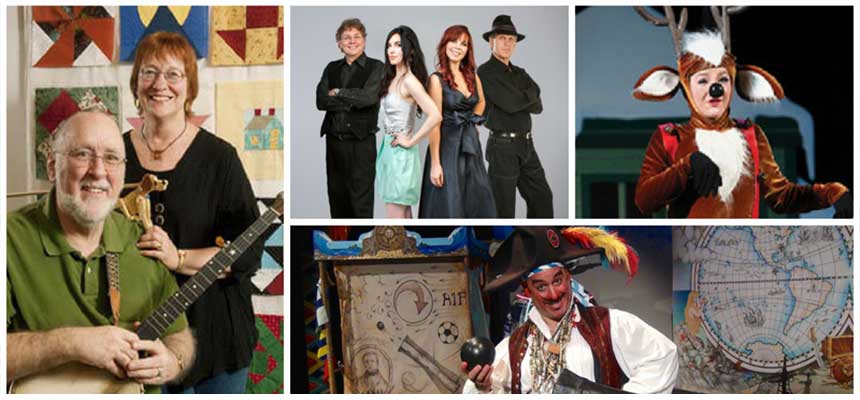 Collage of images of people who are performing for the fall 2018 fantastic free Fridays. Left image, Russ Childers sitting in a chair and Barb Childers standing behind him. Top left image of Lone Raven. Top Right image of a woman in a reindeer costume. Bottom image of a pirate.