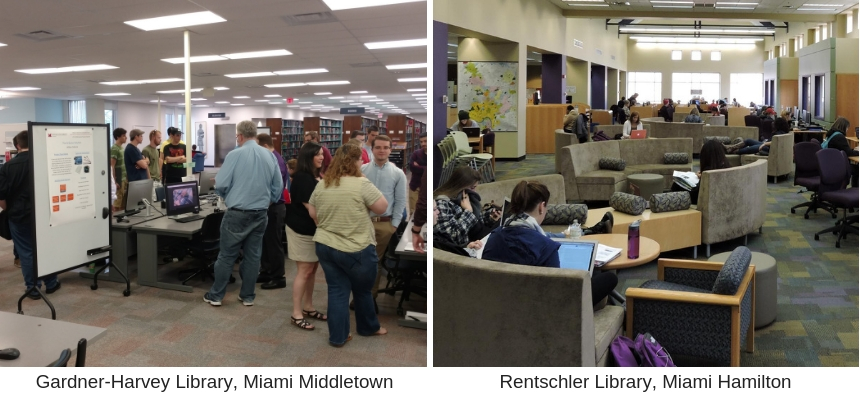 Left photo is Miami University Gardner-Harvey Library, right photo is Miami Hamilton Rentschler Library