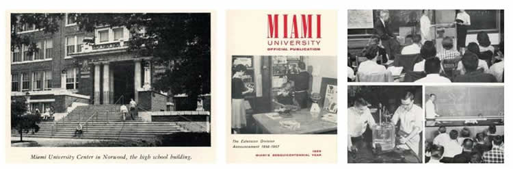 Photo 1: Miami’s Academic Center at Norwood High School. Photo 2: 1956-57 Extension Division booklet. Photo 3: Academic Center students in variety of classes.
