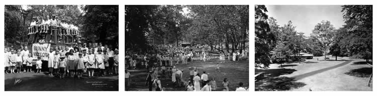 From Left to Right: Armco Park – youth headed to Bunny Hollow in Armco Park in July 1922. Armco Park – community gathering near the picnic shelter in 1923. Armco Park Picnic Shelter (undated).