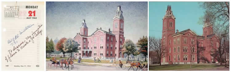 Photo 1: Earl Thesken desk calendar page with notation about the special meeting in Middletown Photo 2: Painting by Middletown artist Herbert Fall of the Old South School Photo 3: Photo of the Old South School in the early 1960s.